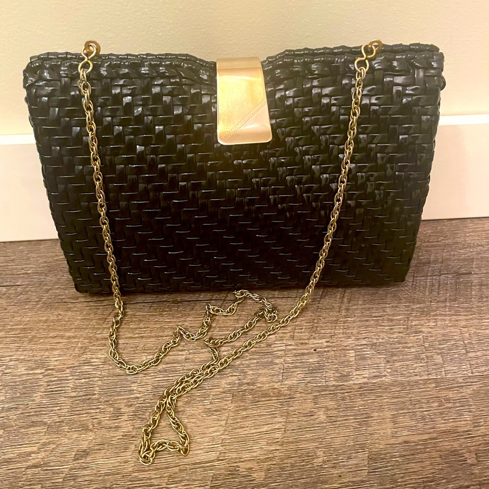 VTG black and gold clasp purse with gold chain strap MARSHA FIELDS